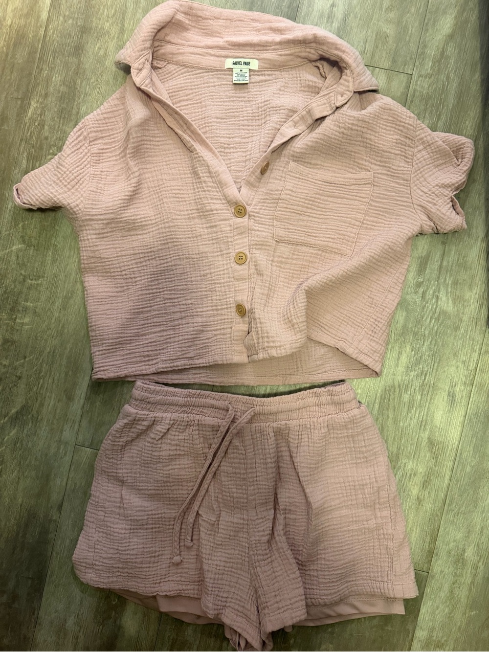 Soft Pink Cotton Gauze Two-Piece Lounge Set with Button Top & Shorts